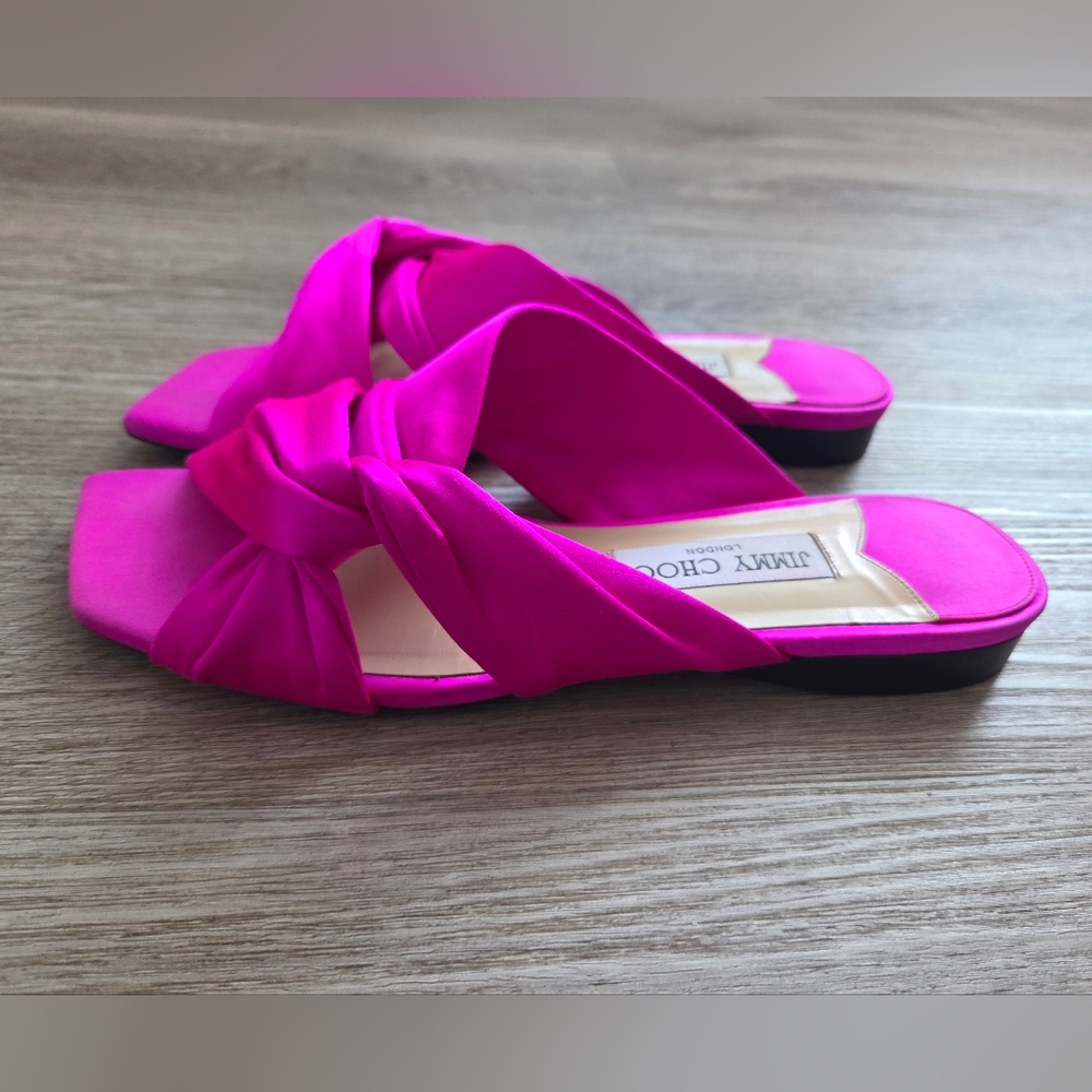 Jimmy Choo Hot Pink Satin Knot Slide Mules - Picture 3 of 7
